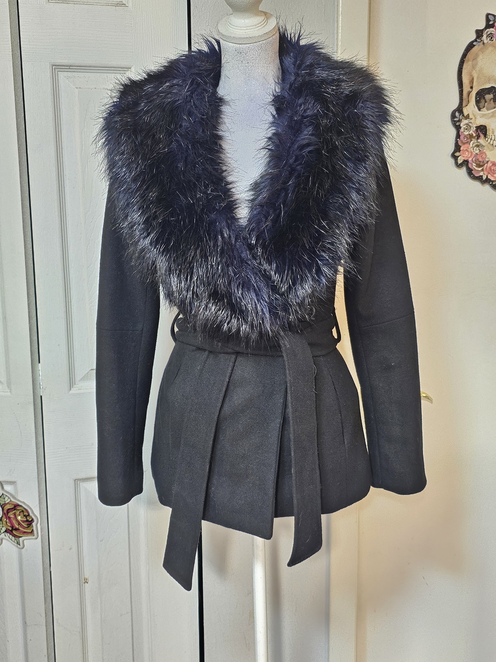 H&M Black Belted Trench Coat with Faux Fur Shawl Collar